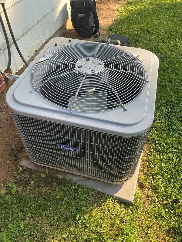 Completed routine preventive maintenance on 8-year-old Carrier heat pump system. Performed comprehensive inspection of outdoor condenser unit, verified proper operation of all components, checked refrigerant levels and pressures, inspected electrical connections, and tested system performance. Confirmed unit model CNPVP3621ALAMAA with R-410A refrigerant is operating within manufacturer specifications with no issues found. System tested and left in proper working condition.