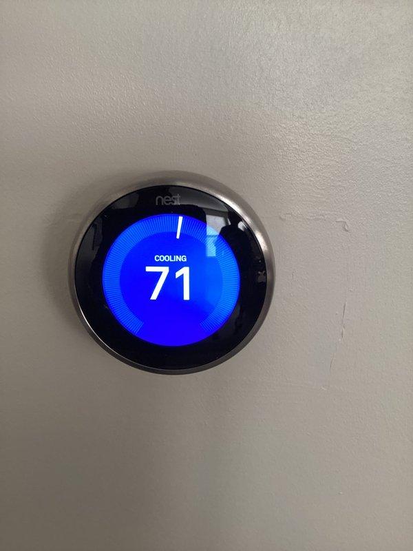 Completed monthly CCC Basic maintenance service, which included replacing the 16x25x4 air filter. Verified system operation with thermostat actively cooling and maintaining setpoint at 71°F, confirming proper communication between Nest thermostat and HVAC equipment.