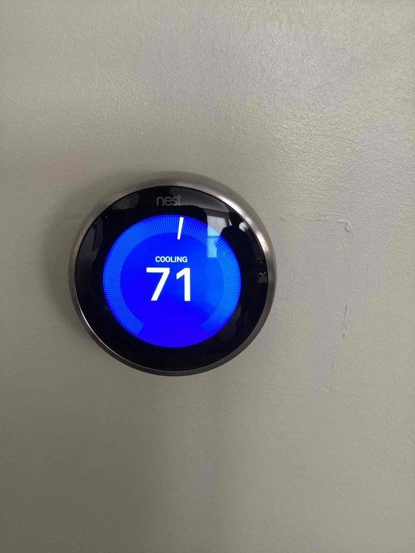 Completed monthly CCC Basic maintenance service, which included replacing the 16x25x4 air filter. Verified system operation with thermostat actively cooling and maintaining setpoint at 71°F, confirming proper communication between Nest thermostat and HVAC equipment.