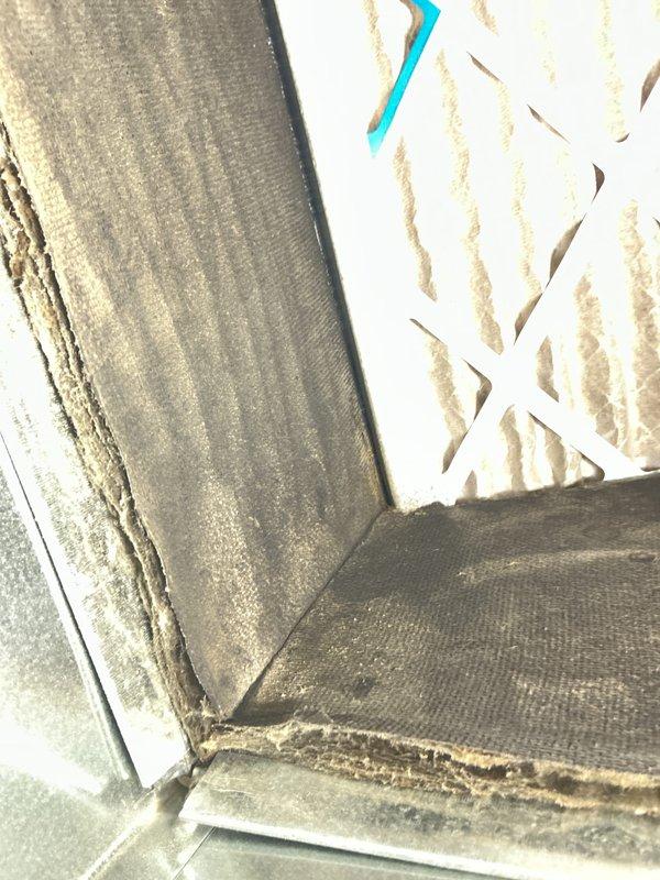 Completed comprehensive cooling cycle check on HVAC system as part of basic monthly maintenance program. Performed thorough inspection of air handling unit, noting significant dust accumulation on interior surfaces and ductwork components. Existing 16x25x4 air filter showed heavy dirt loading with visible deterioration along edges and compressed filter media, indicating extended service period. Filter replacement not included in this service visit per maintenance agreement terms. Verified system operation and documented current equipment condition through photographic records showing dust buildup on metal surfaces and filter housing assembly.