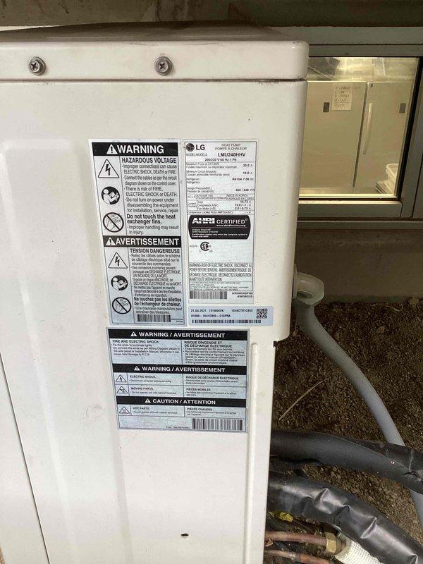 Completed comprehensive cooling maintenance on multi-system HVAC installation. Inspected LG model LMU24HHV heat pump unit, verified operational status of all components, and replaced 20x25x4 air filter. Checked Honeywell Home ProSeries thermostat functionality, confirmed proper temperature readings and system communication, and documented equipment condition with photos for service records.