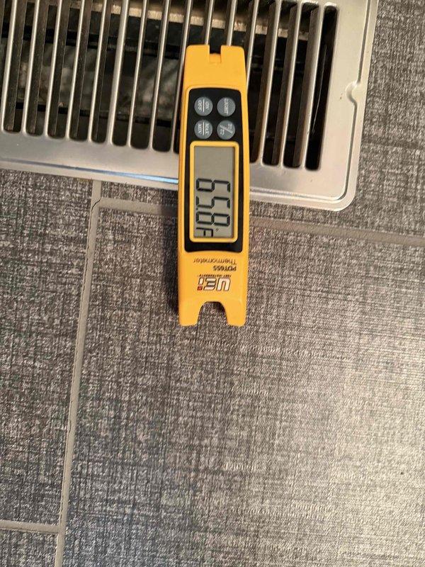 Completed full installation of Lennox heat pump system. Verified proper system operation with supply air temperature of 83.8°F at the air handler and return air temperature of 73.8°F at the register, confirming adequate heating performance and appropriate temperature differential across the system.