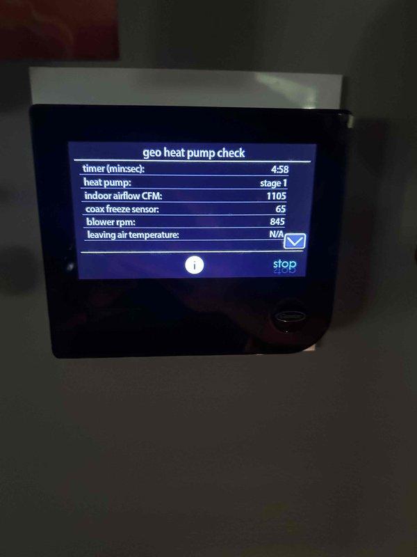 Responded to no cooling call on geothermal heat pump system. Found unit in thermal lockout (error code 81) with system shut down. Performed diagnostic testing using digital multimeter to check electrical components including control board and capacitor. Ran system diagnostics through thermostat interface, confirming Stage I heat pump operation with indoor airflow at 1105 CFM, blower speed at 845 RPM, and coax freeze sensor reading 65°F. Reset thermal lockout, restored system to normal operation, and discussed membership renewal options with customer.