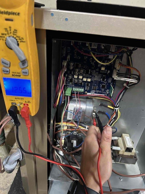 Responded to no cooling call on geothermal heat pump system. Found unit in thermal lockout (error code 81) with system shut down. Performed diagnostic testing using digital multimeter to check electrical components including control board and capacitor. Ran system diagnostics through thermostat interface, confirming Stage I heat pump operation with indoor airflow at 1105 CFM, blower speed at 845 RPM, and coax freeze sensor reading 65°F. Reset thermal lockout, restored system to normal operation, and discussed membership renewal options with customer.