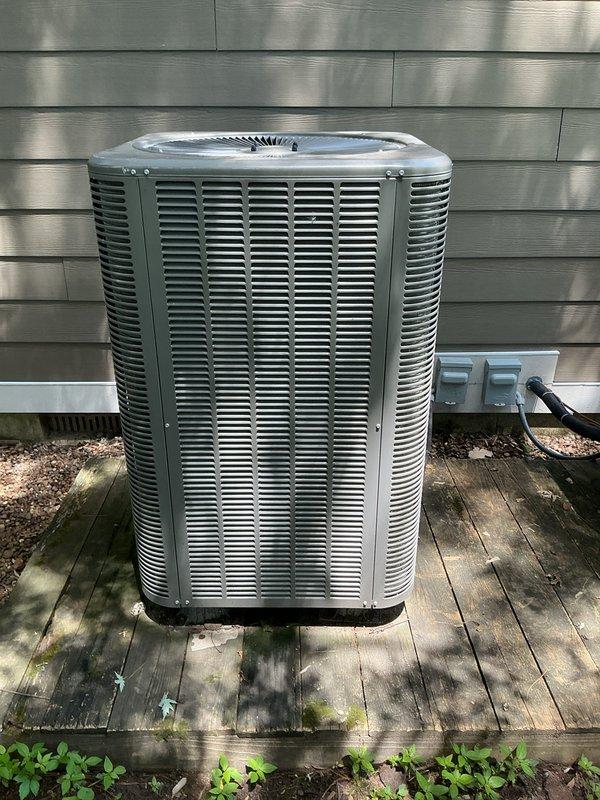 Completed cooling maintenance on upstairs HVAC unit, including inspection of air return grille, filter assessment (20x20x1), and full system evaluation. Inspected outdoor condenser unit located on deck platform, verified proper operation of compressor and fan assembly, checked electrical connections at disconnect boxes, and confirmed adequate airflow through louvers. System operating within normal parameters with maintenance contract renewed through 6/9/27.