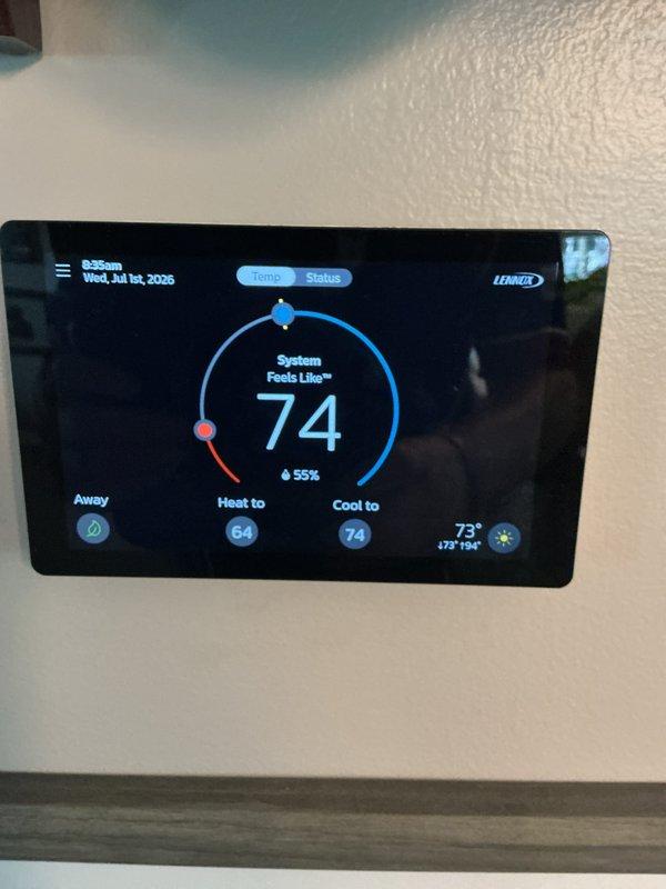 Completed routine HVAC maintenance on Lennox cooling system under CCC Renewal agreement. Performed system diagnostics, verified thermostat operation showing 74°F indoor temperature with 55% humidity, measured supply air temperature at 57.9°F and refrigerant line temperature at 146°F, and replaced 20x25x4 air filter as included in maintenance plan.