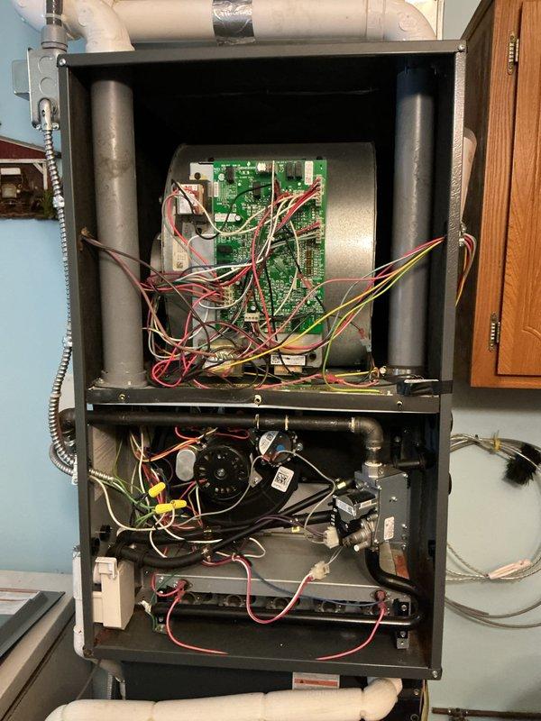 Completed monthly preventive maintenance on residential HVAC system. Accessed interior components, inspected control board and electrical connections, verified blower motor assembly operation, and replaced air filter per maintenance agreement. Confirmed thermostat functioning properly with accurate temperature display and system communication.