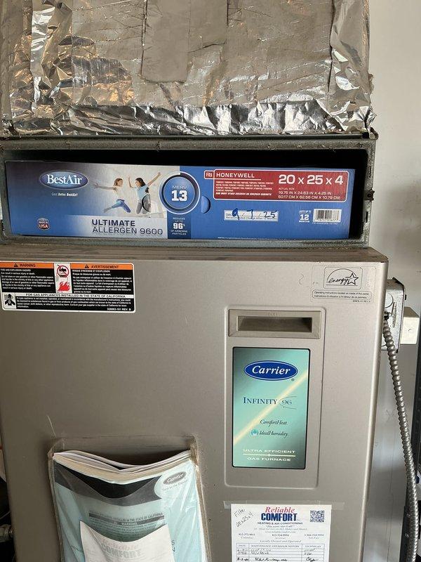 Completed basic monthly cooling maintenance visit on Carrier Infinity 96 system. Performed standard system inspection and installed new 20x25x4 MERV 13 BestAir Ultimate Allergen 9600 filter. Updated maintenance history documentation on unit, system operating within normal parameters.