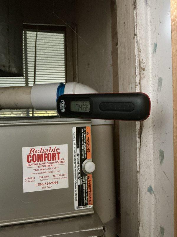 Completed basic monthly cooling maintenance visit on Carrier HVAC system. Inspected air filtration system with existing 16x25x4 MERV 11 Honeywell filter in place, verified system operation, and recorded ambient temperature reading of 74°F at unit location.