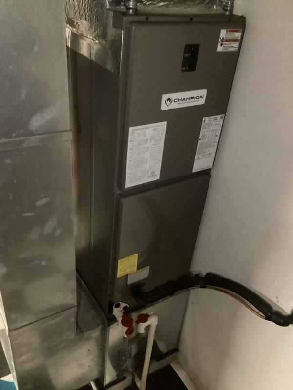 Completed basic monthly cooling maintenance visit on Champion air handler system. Performed standard inspection of unit components, refrigerant lines, and condensate drainage system. Replaced 16x20x1 air filter as included in routine service. Verified proper operation of all system components with no deficiencies noted.
