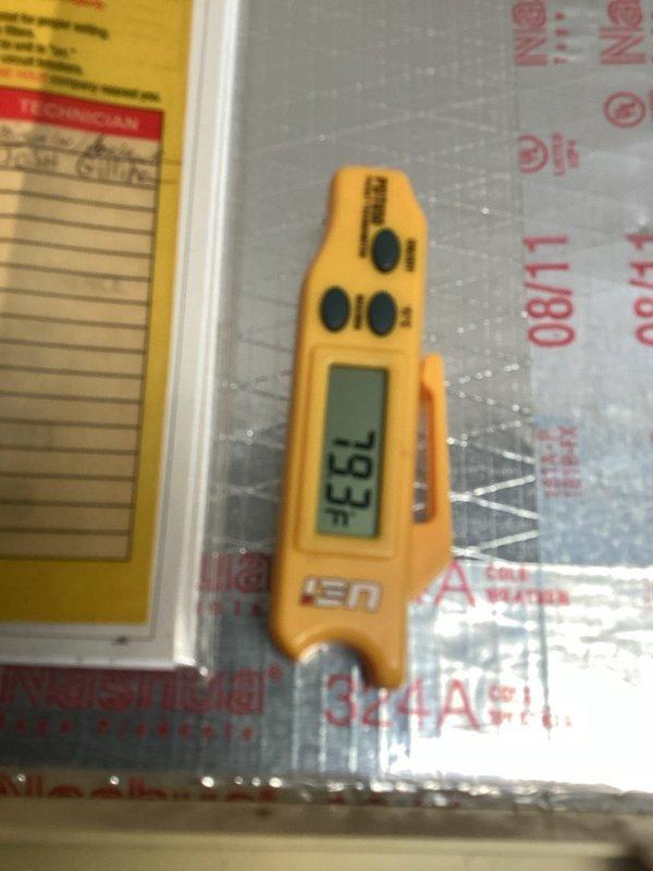 Responded to no cooling complaint. Upon arrival, found system running with inadequate temperature differential. Measured supply air temperature at 73.3°F at evaporator coil and thermostat set point at 76°F, confirming insufficient cooling capacity. Diagnosed and resolved issue, restoring proper system operation and cooling performance.
