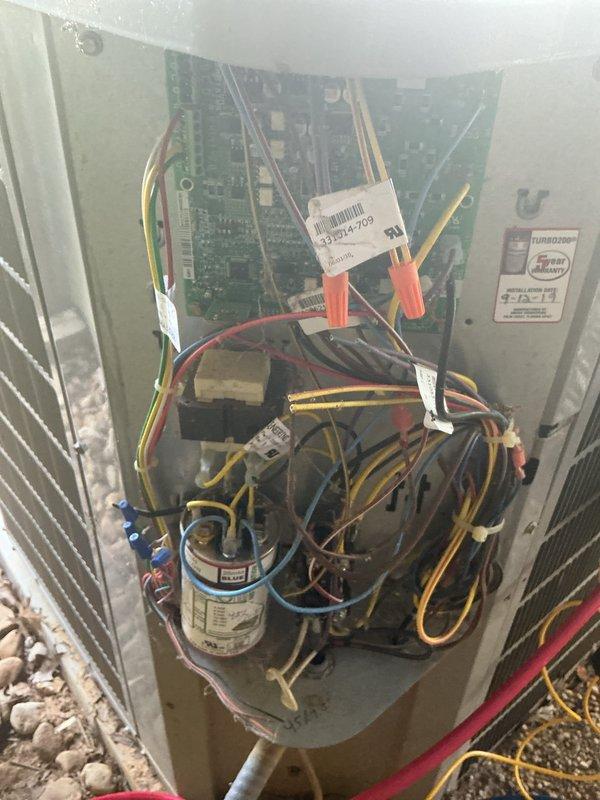 # HVAC Maintenance - Cooling System Service

Completed annual basic cooling maintenance visit on residential Amana outdoor condensing unit and Daikin indoor furnace system. Performed comprehensive inspection of outdoor unit electrical components including control board, capacitor, contactor, and all associated wiring connections. Verified proper operation of all electrical controls and safety devices. Inspected indoor equipment installation including ductwork connections, PVC condensate drainage system, and gas line routing.

All components found operating within normal parameters. System tested and confirmed functional for cooling season operation. Customer has active comfort club agreement renewing 12/5/26. Noted that 16x25x4 filter size is not included in service agreement and remains customer's responsibility for replacement.