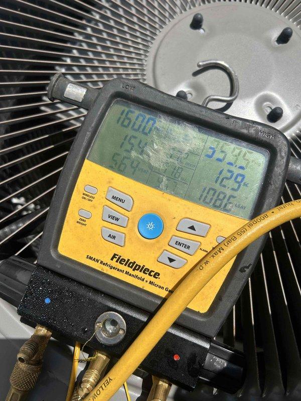 Performed second opinion diagnostic on HVAC system with suspected metering device failure and potential refrigerant leak history. Conducted comprehensive system evaluation using digital manifold gauges, measuring operating temperatures and pressures at the condenser unit. Confirmed initial diagnosis of faulty metering device and verified system is low on refrigerant charge, consistent with previous leak concerns requiring further leak detection and repair before recharging.