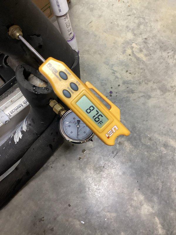 Performed diagnostic evaluation on geothermal heat pump system experiencing strain during operation. Conducted pressure testing on ground loop and measured refrigerant levels using digital gauges, recording readings to assess system performance. Inspected evaporator coil and ground loop connections for previously reported refrigerant and loop fluid leaks. Evaluated loop fluid condition and concentration levels to determine if proper antifreeze mixture is present versus water-only fill from previous service. Verified thermostat operation and system cycling. Documented findings with diagnostic equipment readings and component photography for repair recommendations.