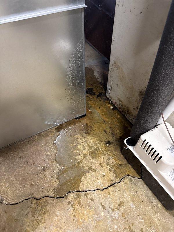 Responded to water leak complaint in utility area related to recently installed HVAC system. Upon inspection, discovered significant water pooling on carpeted floor around condensate pump and drainage system, with visible moisture damage to surrounding walls and flooring. Identified compromised P-trap connection and improper condensate drainage from HVAC unit as primary source of leak. Cleared blockage from condensate drain line, re-secured P-trap connections, and verified proper pitch and flow of drainage tubing. Tested system operation through multiple cooling cycles to confirm condensate is draining properly without leakage. Documented extensive pre-existing water damage and staining on walls and subfloor, recommending follow-up remediation to address moisture damage and potential mold growth in affected areas.