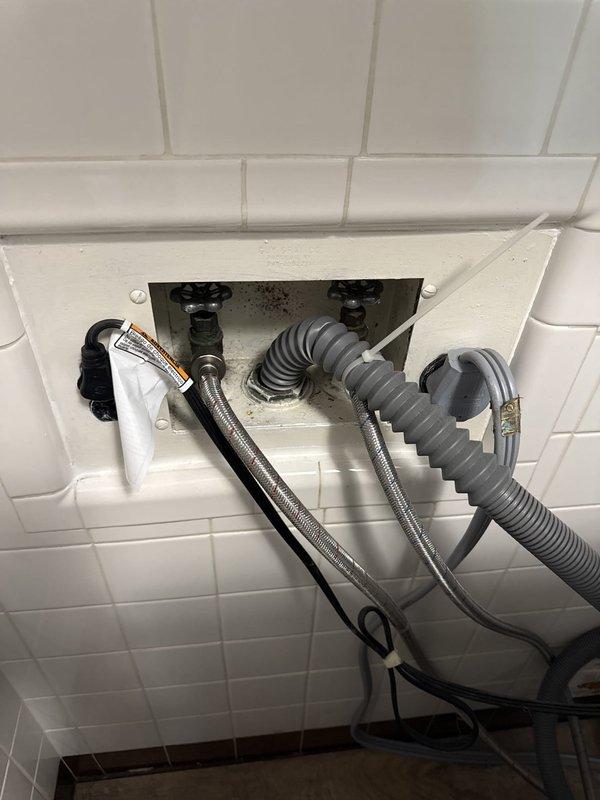 Completed comprehensive plumbing service addressing multiple fixtures throughout the property. Replaced outdoor spigot with frost-free anti-siphon model to prevent freeze damage during cold weather. Inspected and addressed leaking bathroom water supply line showing signs of corrosion, replacing corroded components and flexible supply lines with braided stainless steel hoses. Replaced both hot and cold water supply valves for washer and dryer connections to ensure proper shut-off capability. Diagnosed and resolved water hammer issue causing pipe vibration and shaking noise when washing machine operates, installing appropriate arrester or securing loose pipes. All connections tested for leaks and proper operation upon completion.