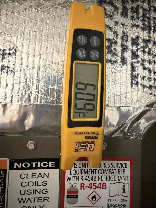 Completed full HVAC system installation consisting of Lennox air conditioning unit and gas furnace. Installed new Honeywell Home digital thermostat with proper wiring and configuration, verified display functionality and cooling mode operation at 86°F setpoint. System utilizes R-454B refrigerant as specified by manufacturer requirements. Verified proper equipment operation, confirmed supply air temperature reading of 69°F at register, and ensured all safety labels and service notices are properly affixed to equipment. Installation financed through service financing program with all required documentation and identification collected and filed.