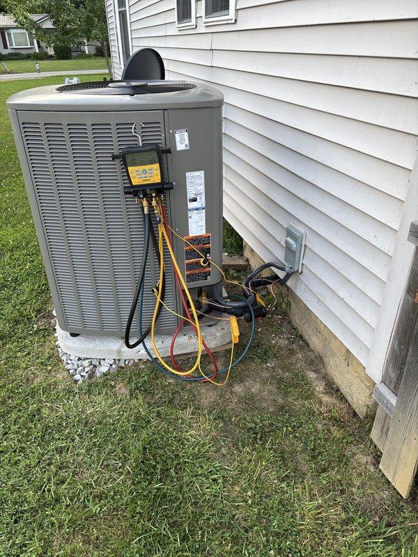 Completed full HVAC system installation including Lennox air conditioning unit and gas furnace. Installed new outdoor condensing unit on concrete pad with proper refrigerant line connections, mounted new digital thermostat on interior wall, and performed system startup with refrigerant charging and diagnostic testing to verify proper operation of both heating and cooling systems.