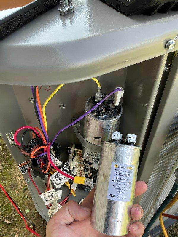 # HVAC Maintenance Report

Completed monthly preventive maintenance service on Lennox outdoor condensing unit as part of Basic Plus cooling maintenance program. Performed comprehensive system inspection including visual examination of condenser cabinet, louvers, and mounting pad condition. 

Accessed electrical compartment and evaluated all internal components. Identified TITAN PRO capacitor model TRCP355 requiring inspection. Examined all electrical connections, terminals, and wiring harnesses for proper connectivity and signs of wear. Verified relay operation and assessed condition of all wire terminations throughout the control circuit.

Inspected fan motor assembly and compressor electrical connections. Checked disconnect box and external wiring for secure mounting and proper condition. Replaced 20x20x4 air filter as included in Basic Plus service agreement.

System operational and functioning within normal parameters upon completion of scheduled maintenance visit.