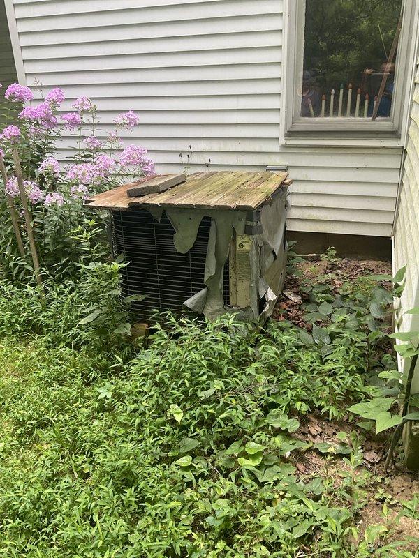 Conducted on-site assessment for furnace replacement at residential property. Existing heating system confirmed to be 30 years old and at end of serviceable life. Evaluated exterior HVAC equipment and accessibility conditions, noting outdoor condensing unit positioned against building exterior with significant vegetation overgrowth requiring clearance for proper equipment access and future maintenance. Documented current system configuration and site conditions to provide comprehensive replacement estimate including equipment specifications, installation requirements, and necessary site preparation work.