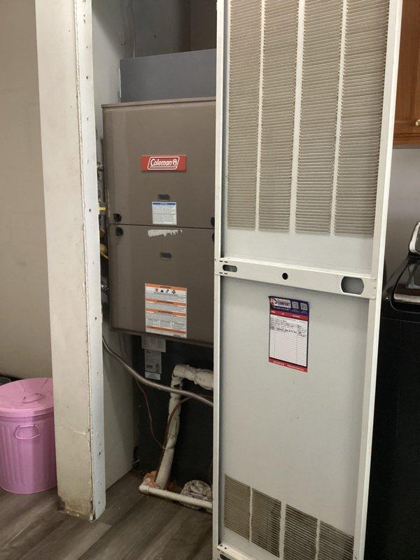 Completed annual cooling maintenance visit on residential HVAC system consisting of Coleman furnace and air handler unit. Corrected improper air filter installation where incorrect 1-inch filter had been previously installed instead of specified 20x25x4 filter, resulting in clogged airflow restriction. Replaced with correct 4-inch filter size, performed standard cooling system inspection, verified thermostat operation at 71°F heat setting, and confirmed proper system function upon completion.