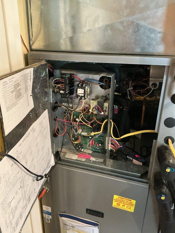 Completed cooling maintenance on HVAC system. Performed comprehensive inspection of unit with access panel removed, verifying proper operation of electrical components, contactors, relays, and circuit boards. Tested system voltages and connections using diagnostic equipment to ensure all electrical circuits functioning within specifications. Inspected copper refrigerant lines and internal mechanical components for proper condition. Verified thermostat operation showing system cooling to 75° setpoint with proper communication to equipment. Customer has expired basic yearly maintenance agreement. Standard 20x25x4 filter size not included in service. System operating normally at time of departure.