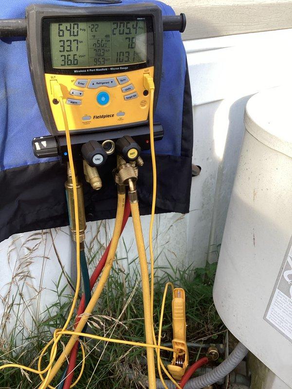 Responded to service call for low cooling performance on residential air conditioning system. Upon arrival, performed system diagnostics and confirmed refrigerant charge was low. Connected manifold gauges to service ports and verified operating pressures were below manufacturer specifications for R-22 refrigerant. Added appropriate amount of R-22 refrigerant to restore system to proper charge levels. Monitored system temperatures and pressures using digital diagnostic equipment to ensure optimal performance parameters were achieved. System returned to normal operation with proper cooling capacity restored.
