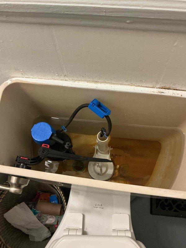 Completed annual plumbing inspection as part of recurring maintenance service. Inspected toilet tank internal components including fill valve assembly, flush valve mechanism, and water supply connections. Documented visible mineral deposits, water staining, and age-related discoloration within tank interior, though all components remain functional at this time.