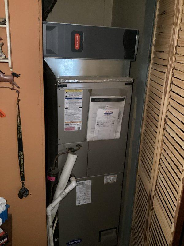 # HVAC Maintenance - Cooling System Service

Completed basic monthly cooling maintenance visit on residential split HVAC system. Performed comprehensive inspection of indoor air handler unit located in utility closet and outdoor condenser unit. Indoor equipment showed proper operation with functional controls and clear condensate drainage through PVC piping. Outdoor condenser unit exhibited normal operation with adequate airflow through coil fins, though surrounding area showed vegetation encroachment requiring monitoring for future airflow restriction. All system components functioning within normal parameters at time of service. Customer requested standard 20x20x4 filter replacement, which was not included in this service visit.