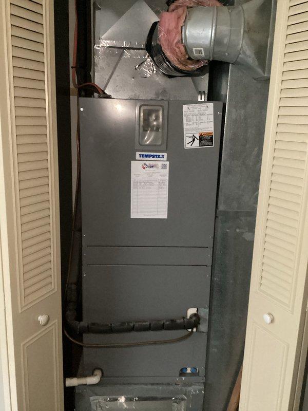Responded to service call for outdoor AC unit making loud noise at startup. Performed thorough inspection of Tempstar air handler and outdoor condensing unit. Cleaned outdoor unit coils and removed debris from condenser. Checked refrigerant charge and system pressures; levels were within manufacturer specifications and no refrigerant addition was required. Verified system operation with thermostat set to cooling mode at 74°F. Inspected condensate drain line and pump for proper operation. System cooling effectively with no further noise issues detected during testing cycle.