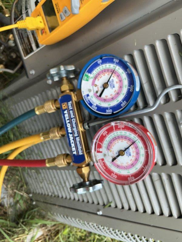 Completed comprehensive cooling and heating maintenance visit on residential HVAC system. Performed standard cooling system diagnostics using manifold gauge set to measure refrigerant pressures on outdoor condensing unit, verifying proper system charge and operation. Replaced 16x25x1 air filter as part of monthly preventative maintenance service. Conducted heating system inspection and evaluation to ensure equipment readiness for upcoming season, as heating service had been scheduled later than typical maintenance window.