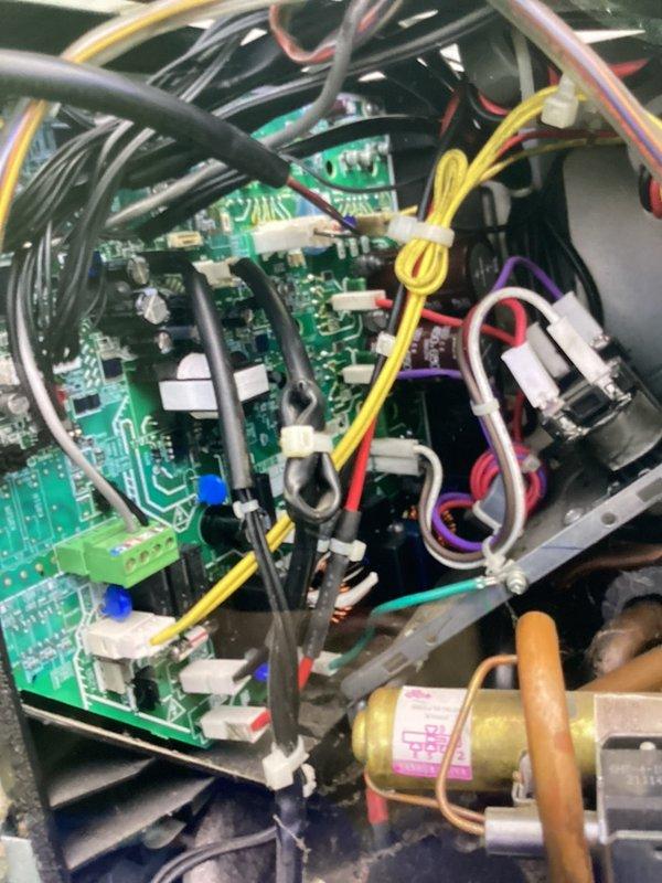 Returned to site and installed replacement control board in HVAC unit. Connected all wiring harnesses to new circuit board, verified proper electrical connections at terminal blocks, and confirmed LED display readings were operational. System tested and returned to normal operation.
