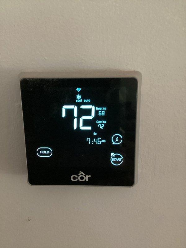 Completed comprehensive heating and cooling preventive maintenance on Carrier system. Performed standard CCHP protocol including inspection of outdoor condenser unit, verification of thermostat operation showing Côr programmable unit functioning properly in auto mode, and all routine maintenance tasks per value monthly agreement. Customer requires 20x20x4 filter which was not included in this service visit.