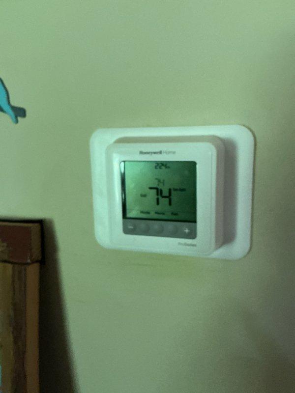 Completed annual Comfort Care maintenance on Amana cooling system, performing comprehensive inspection and testing of all components to ensure optimal performance for the cooling season. System evaluated and confirmed operational, with thermostat displaying proper temperature reading of 74°F. Filter size noted as 20x25x4 for future reference.