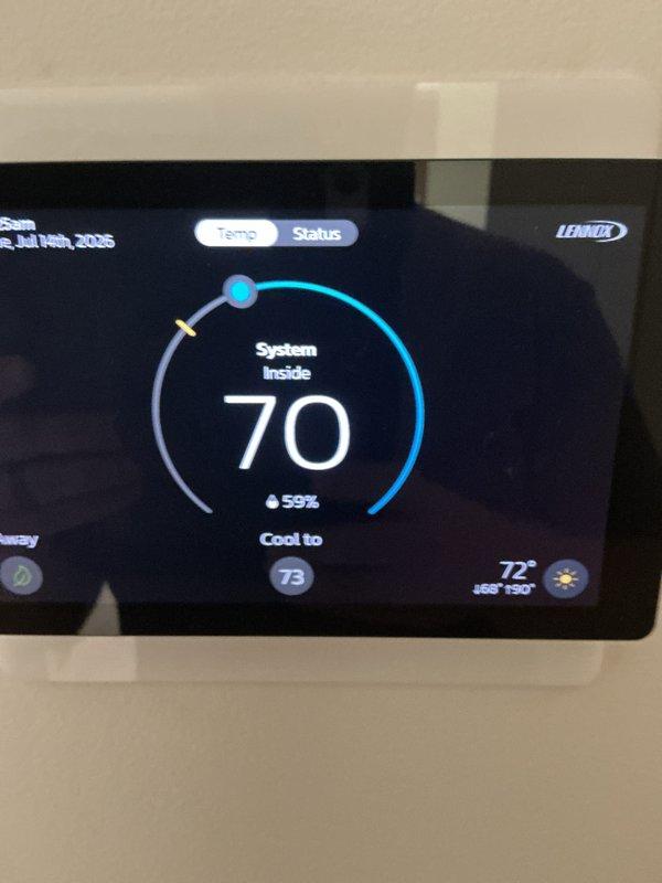 Completed cooling maintenance on Lennox HVAC system including furnace and thermostat inspection. Replaced 20x25x4 air filter, verified thermostat operation showing 70°F indoor temperature with system set to cool to 73°F and indoor humidity at 59%. Inspected furnace unit, PVC condensate drain lines, and electrical connections with all components operating within normal parameters.