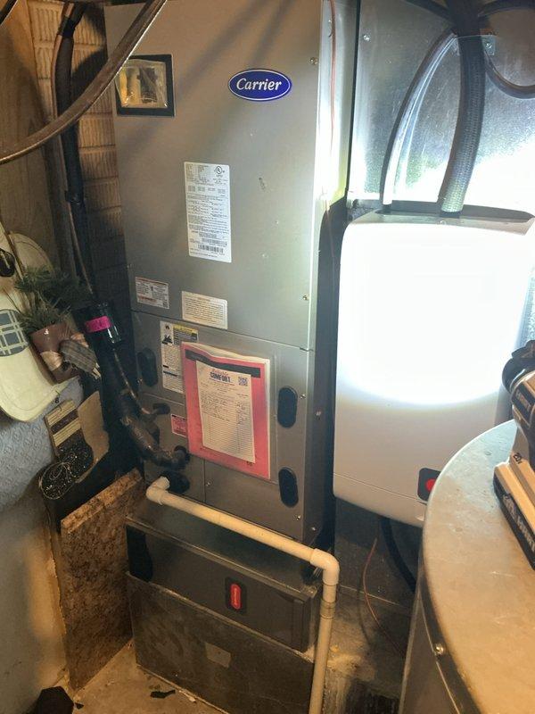 Completed basic monthly maintenance on two-system cooling heat pump installation. Performed diagnostic testing using digital manifold gauges to measure refrigerant pressures and temperatures on outdoor condenser unit. Verified superheat and subcool readings were within manufacturer specifications. Inspected Carrier air handler and indoor components for proper operation. System operating normally with all parameters in acceptable range. Customer advised that 20x20x4 filter replacement not included in basic maintenance service.