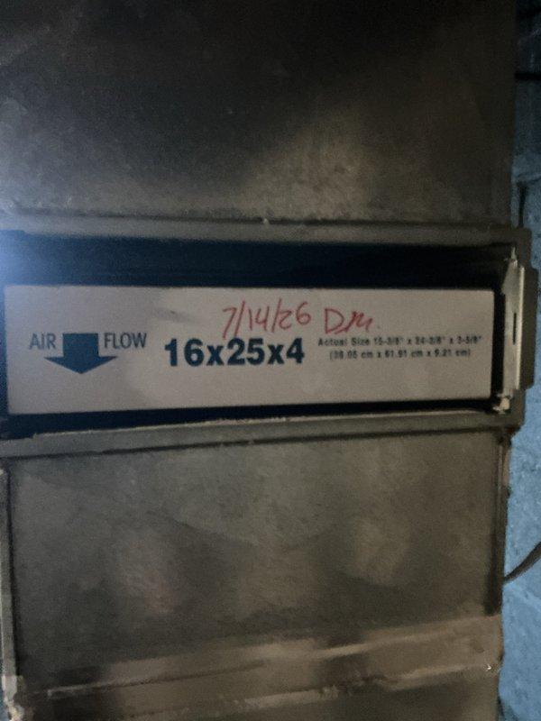 Completed annual basic cooling maintenance visit on residential HVAC system. Performed standard inspection of cooling equipment including condensate pump assembly with dual drain lines mounted in basement mechanical room. Verified proper operation of condensate removal system and checked all connections for secure mounting. Inspected ductwork system with green insulated plenum, noting normal dust accumulation on exposed surfaces. Replaced 16x25x4 air filter at return air housing, documented filter size and installation direction per airflow arrow marking. All cooling system components found operating within normal parameters. System ready for continued service under active maintenance agreement.