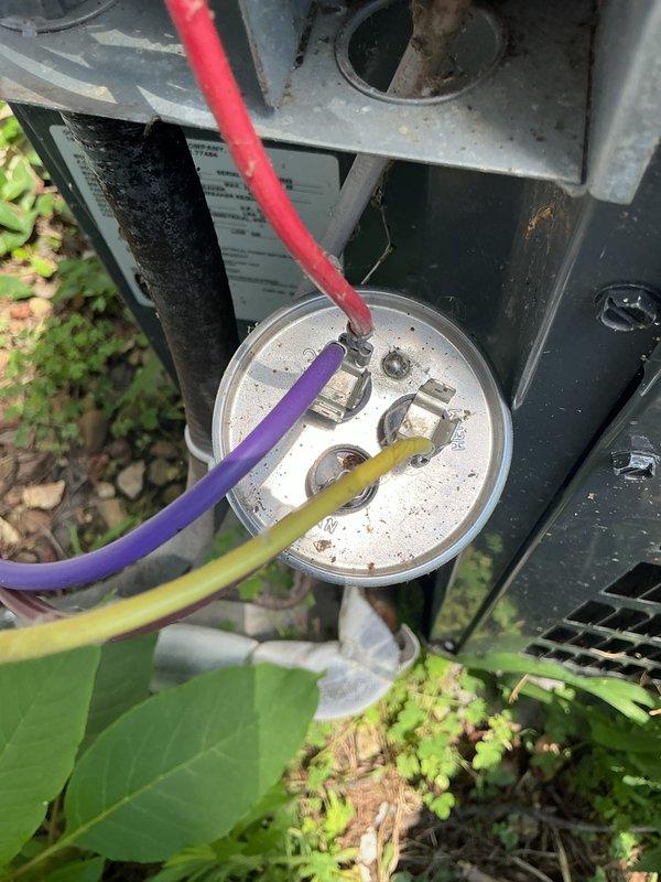 Diagnosed failed capacitor on outdoor condensing unit and performed replacement. Disconnected electrical connections from defective capacitor, installed new dual run capacitor, and reconnected all wiring to proper terminals. System tested and verified operational; will require follow-up visit to install standard turbo component.