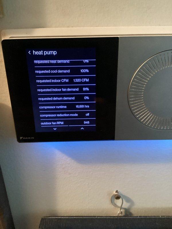 Responded to customer concern regarding AC unit continuously running and inability to reach setpoint below 69°F. Upon arrival, inspected Daikin heat pump system and reviewed operational parameters via system control interface. System diagnostics showed compressor operating at 100% cool demand with 16,881 hours runtime, indoor airflow at 1,320 CFM (81% fan demand), and outdoor fan running at 948 RPM. Thermostat confirmed indoor temperature holding at 69°F despite setpoint adjustment to 55°F. Verified system is maintaining previously achieved 68°F setpoint overnight as reported. System operating within normal parameters with no mechanical faults detected; unit running continuously due to extreme temperature differential between current indoor temp and unusually low setpoint request, which exceeds typical system capacity under current load conditions.