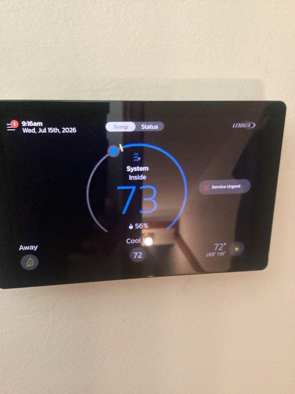 Responded to warranty call for Lennox system displaying Alarm ID 31 (Lost Communication With Device) that initially shut down early Saturday morning, then experienced intermittent short-cycling Saturday night where outdoor unit would run approximately 2 minutes before shutting off for about 2 hours. Upon arrival, system was operating normally with thermostat showing 73°F indoor temperature in cooling mode set to 72°F. Verified communication between thermostat and outdoor unit, cleared alarm code, and monitored system operation through multiple cycles to confirm proper runtime and no recurrence of communication fault or short-cycling issue.
