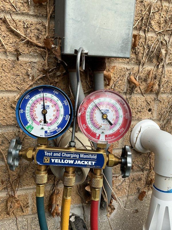 Performed annual cooling maintenance on Lennox HVAC system. Connected refrigerant manifold gauges to verify system pressures and operational parameters. Customer requested estimate for evaporator coil cleaning. Installed new 20x25x4 air filter as part of basic yearly maintenance agreement valid through 12/11/26.