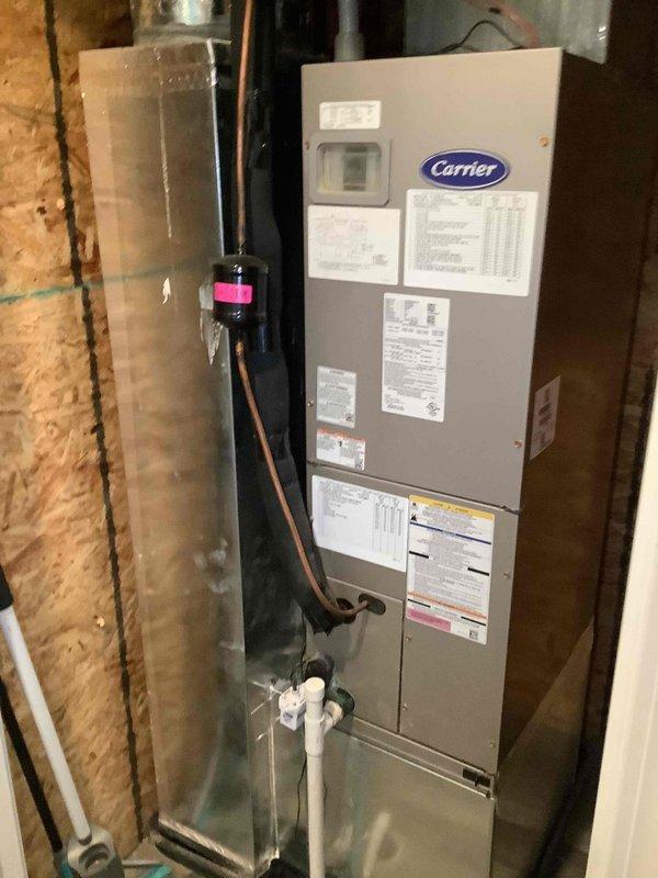 Performed comprehensive clean and check maintenance on Carrier air handler system for new homeowner. Inspected all major components including refrigerant lines, condensate drain system, electrical connections, and verified proper operation of Honeywell programmable thermostat set to cooling mode at 69°F. System found to be operating within normal parameters with no immediate service needs identified.