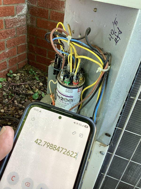 Completed comprehensive cooling maintenance inspection on residential HVAC system. Performed standard monthly preventive maintenance procedures including electrical component testing and system diagnostics. Inspected outdoor condensing unit, verified capacitor operation and electrical connections, and documented system readings with diagnostic measurements showing 42.8 microfarads. All electrical terminals, wiring, and capacitor connections were examined for proper operation. System operating within normal parameters upon completion of maintenance visit.