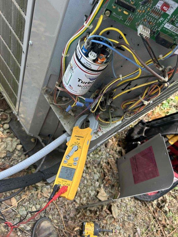Responded to no cooling complaint on 10+ year old outdoor HVAC unit. Performed diagnostic testing of electrical system using digital multimeter to check capacitor and control board functionality. Tested Turbo 200 run capacitor for proper microfarad rating and identified failed capacitor as cause of compressor failure to start. Replaced defective run capacitor with new unit, verified all electrical connections, and confirmed system returned to normal cooling operation with compressor running properly.