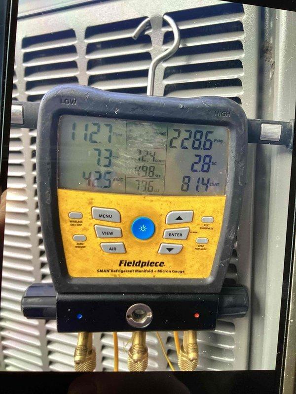 Responded to callback for inadequate cooling during high ambient temperatures. Performed comprehensive system diagnostics using refrigerant manifold gauge to measure operating pressures and temperatures across both low and high side of the system. Verified system performance parameters and documented readings to assess cooling capacity under load conditions.