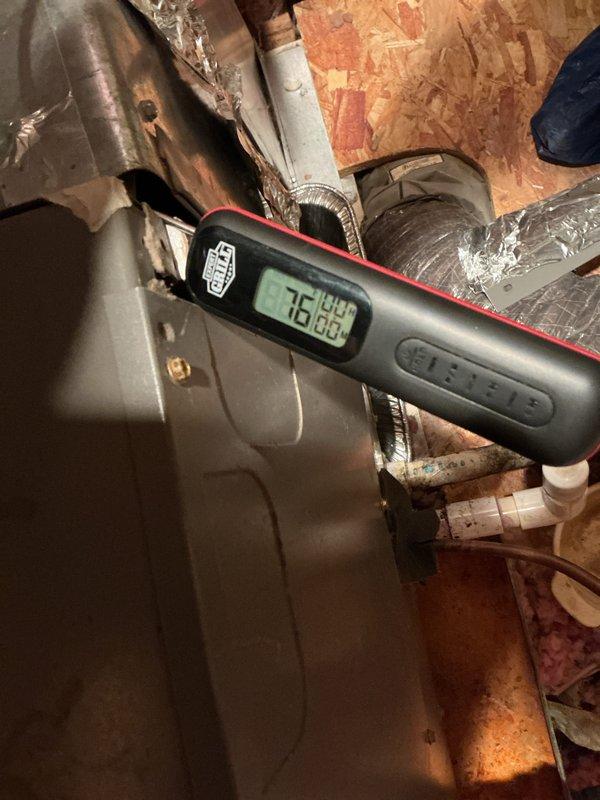 Completed comprehensive cooling system preventative maintenance tune-up on residential air handler unit located in attic space. Performed standard inspection protocol including temperature diagnostics of ductwork system, recording supply air temperature at 76.0°F. Inspected air handler unit, condensate drain lines, electrical connections, and associated ductwork for proper operation and condition. All components found operating within normal parameters. System tested and left in proper working order.
