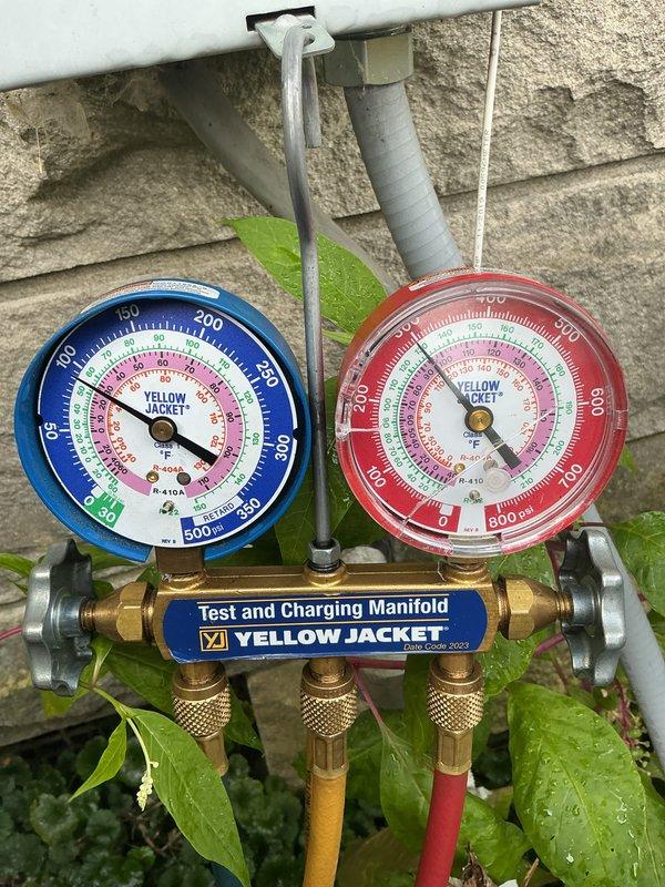 Performed comprehensive air conditioning tune-up and system evaluation. Connected manifold gauge set to measure refrigerant pressures and verify proper system operation. Inspected electrical components, capacitor, and wiring connections within the condensing unit to ensure safe and efficient performance.