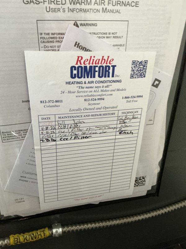 Performed Comfort Club Cooling maintenance on residential gas furnace and HVAC system. Completed standard preventive maintenance procedures including visual inspection of equipment, verification of proper operation, and documentation on service history card. Filter size required is 20x20x4, which was not included with this basic monthly maintenance visit. System components including water heater, furnace, and associated plumbing connections were inspected and found to be in serviceable condition. Updated maintenance records for customer files.