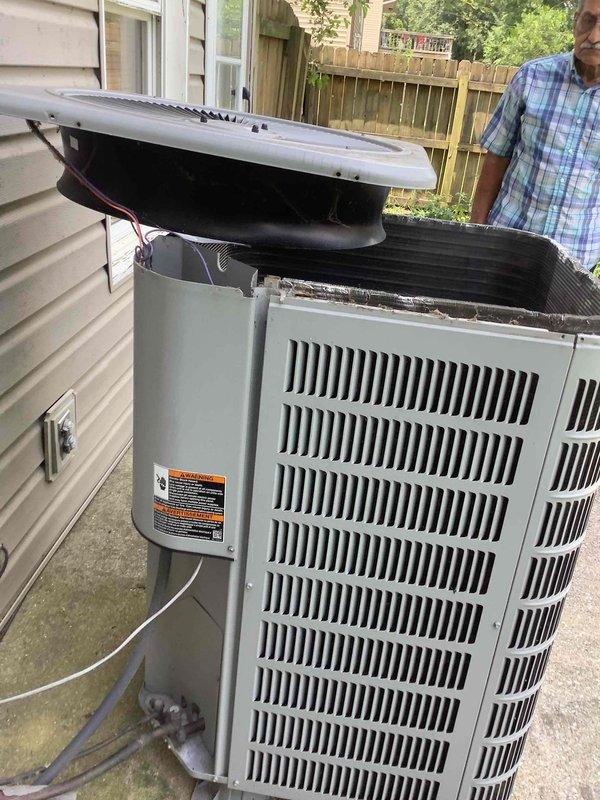 Responded to no-start condition on residential air conditioning system. Upon inspection, discovered significant mechanical damage to condenser coil fins with large compressed section in heat exchanger assembly, likely caused by screw penetration through coil. Documented extensive coil damage affecting system operation and provided assessment of required repairs.