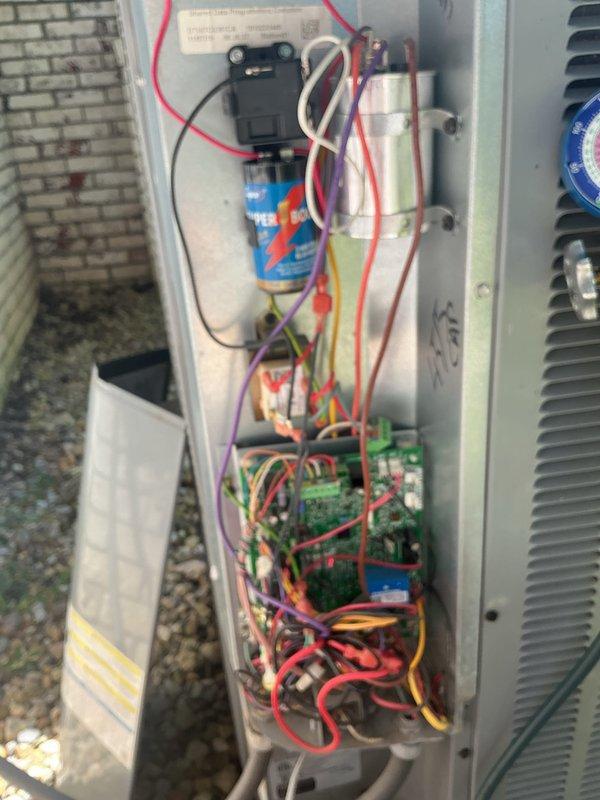 Completed basic monthly maintenance on CCHP cooling system. Performed standard inspection of thermostat operation, verified cooling setpoint at 77 degrees, and checked programming functionality. Accessed condensing unit, inspected electrical components including capacitor and control board, verified all wire connections were secure, and confirmed system operational status. Filter size 20x20x4 not included in this service visit.